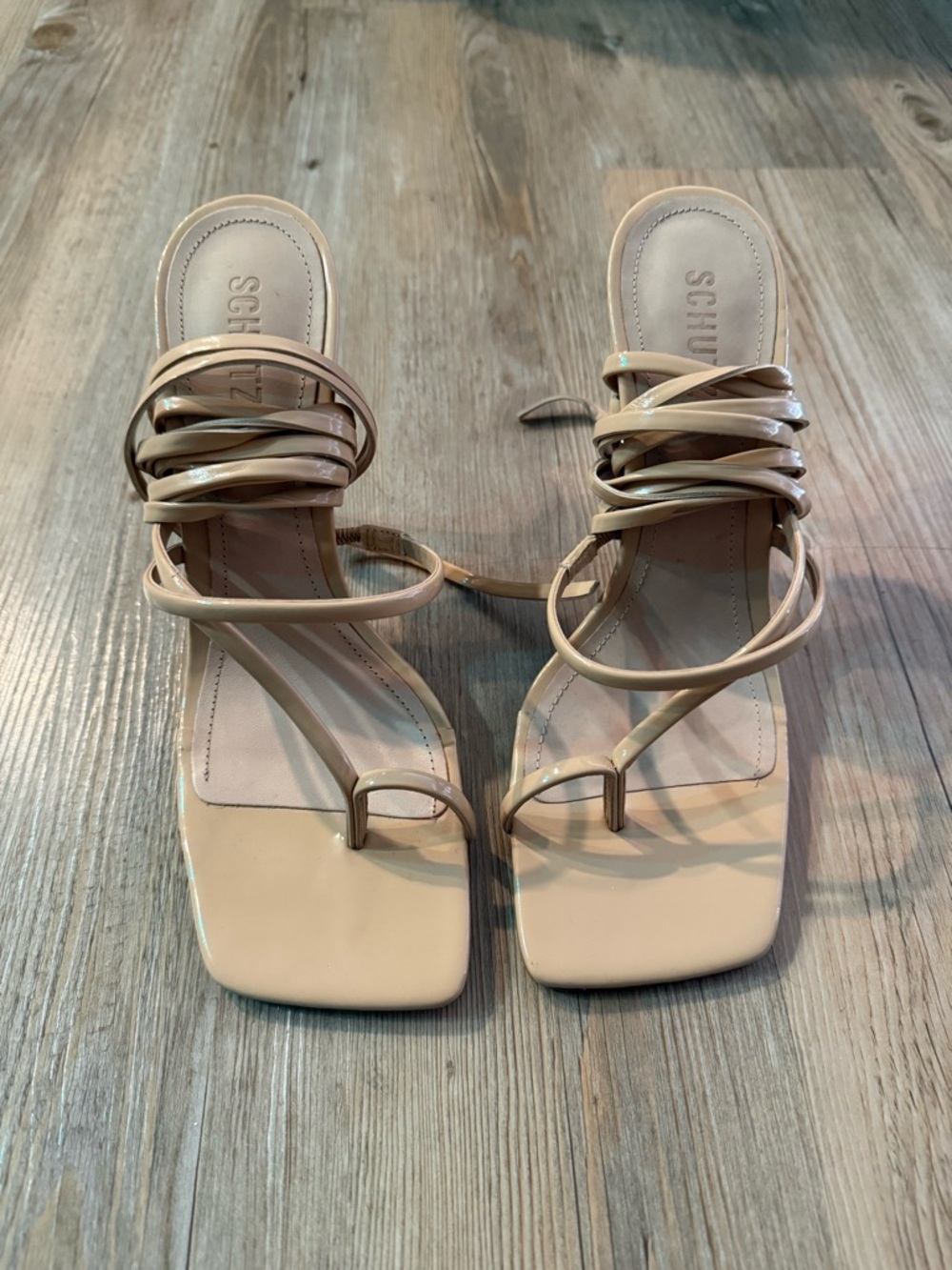 SCHUTZ Nude Strappy Square-Toe Heeled Sandals